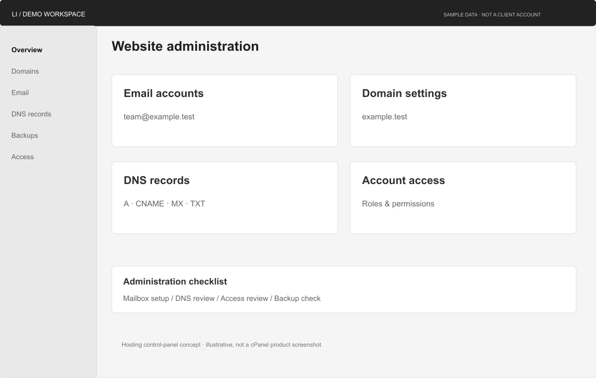 Hosting control-panel concept. Uses example.test; not a screenshot of cPanel.