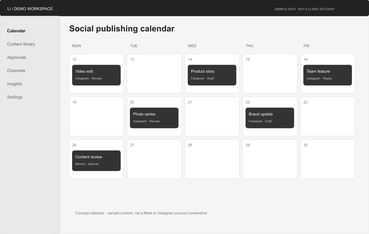 Illustrative content planning calendar with sample publishing tasks