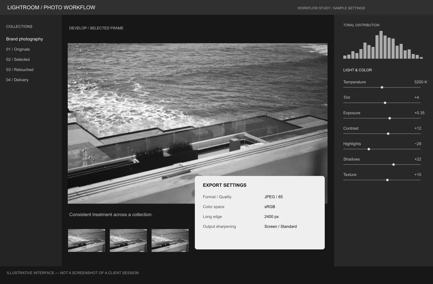 Illustrative Lightroom workflow with exposure, tonal controls and an export settings panel